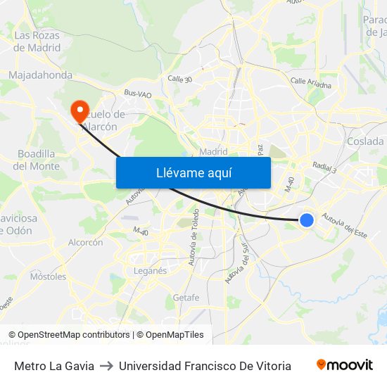 Metro La Gavia to Universidad Francisco De Vitoria map