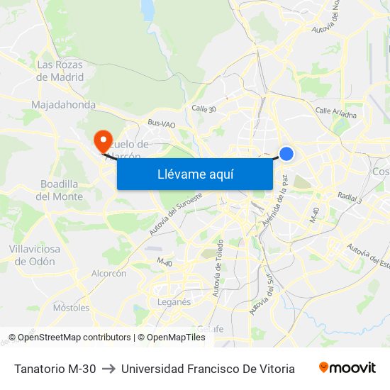 Tanatorio M-30 to Universidad Francisco De Vitoria map