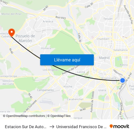 Estacion Sur De Autobuses to Universidad Francisco De Vitoria map