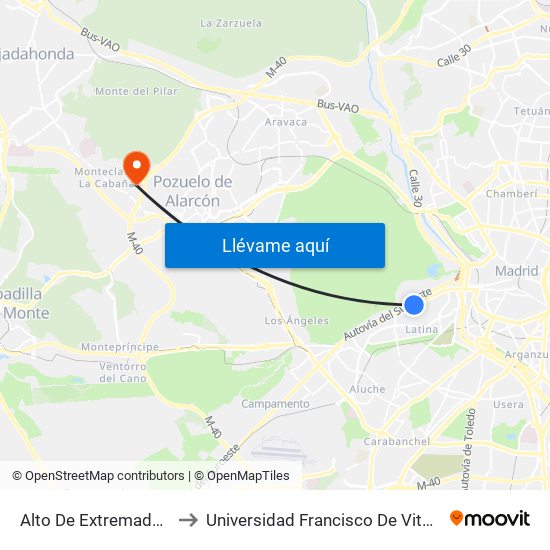 Alto De Extremadura to Universidad Francisco De Vitoria map