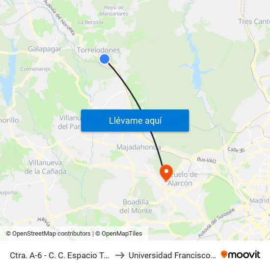 Ctra. A-6 - C. C. Espacio Torrelodones to Universidad Francisco De Vitoria map