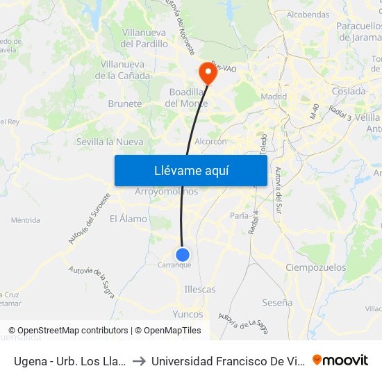 Ugena - Urb. Los Llanos to Universidad Francisco De Vitoria map