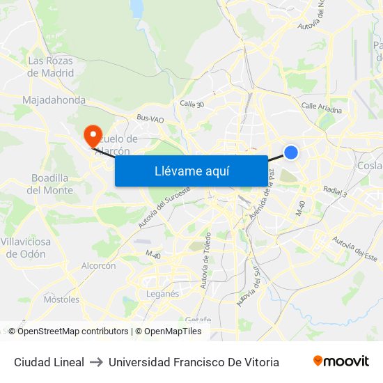 Ciudad Lineal to Universidad Francisco De Vitoria map