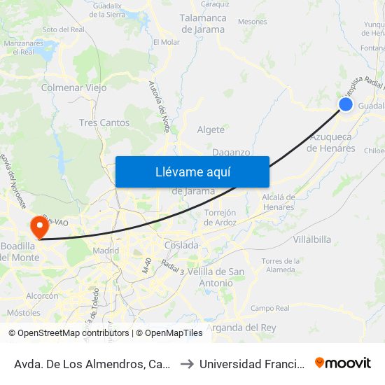 Avda. De Los Almendros, Cabanillas Del Campo to Universidad Francisco De Vitoria map