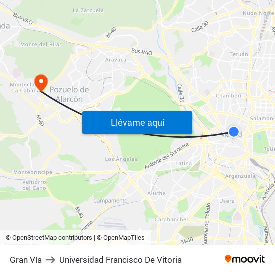 Gran Vía to Universidad Francisco De Vitoria map