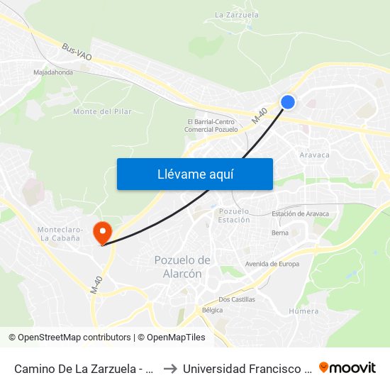 Camino De La Zarzuela - Valdemarín to Universidad Francisco De Vitoria map