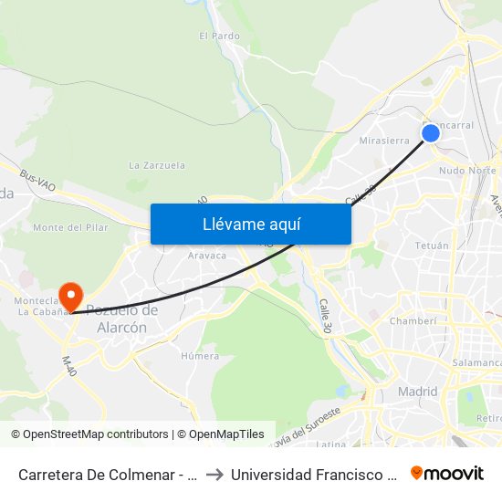 Carretera De Colmenar - Badalona to Universidad Francisco De Vitoria map