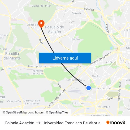 Colonia Aviación to Universidad Francisco De Vitoria map