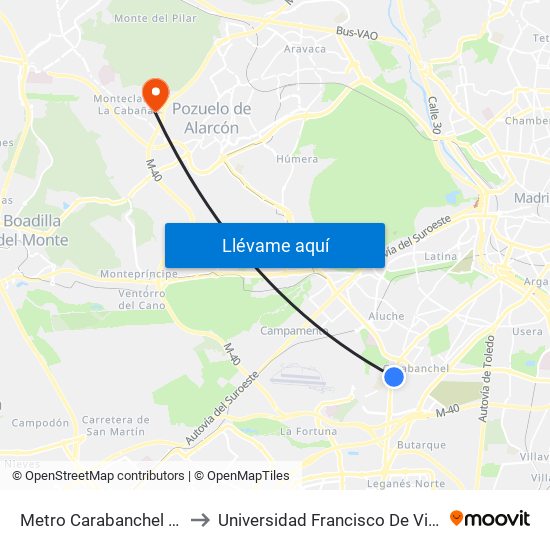 Metro Carabanchel Alto to Universidad Francisco De Vitoria map