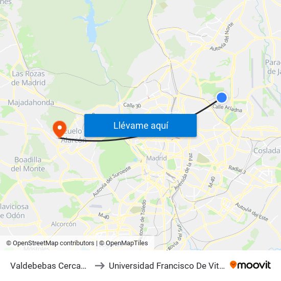 Valdebebas Cercanías to Universidad Francisco De Vitoria map