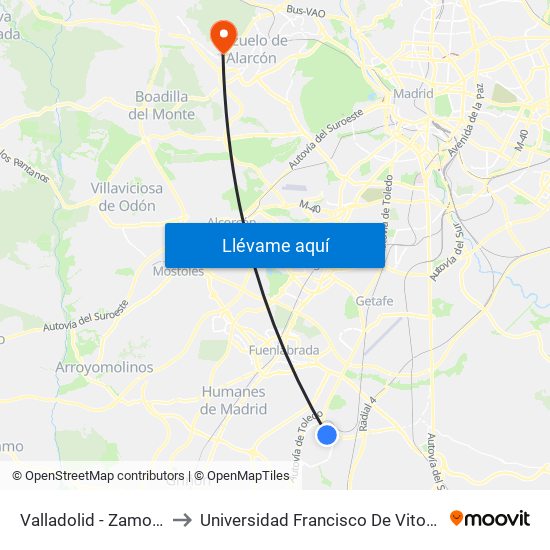 Valladolid - Zamora to Universidad Francisco De Vitoria map