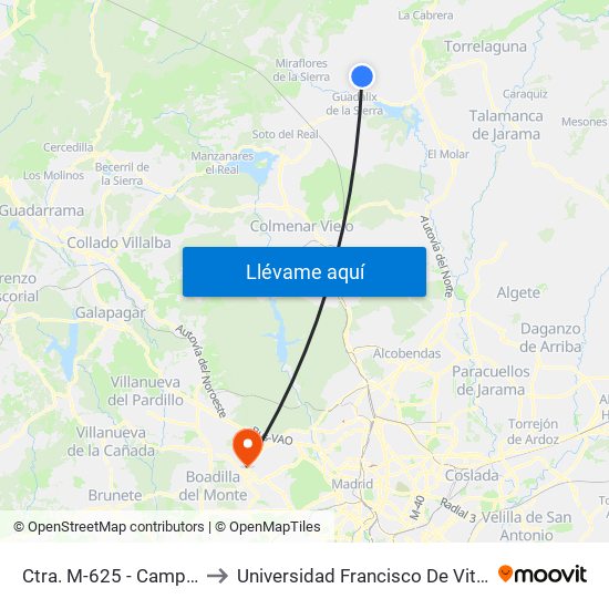Ctra. M-625 - Camping to Universidad Francisco De Vitoria map