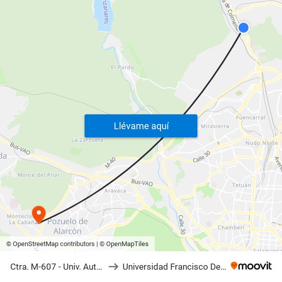 Ctra. M-607 - Univ. Autónoma to Universidad Francisco De Vitoria map