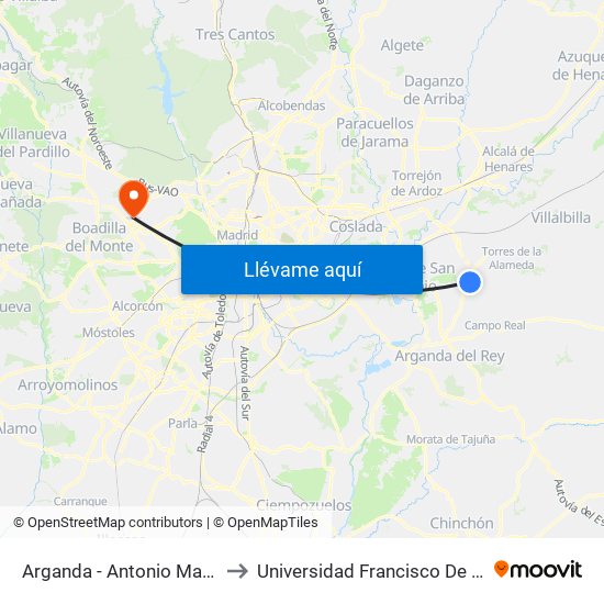 Arganda - Antonio Machado to Universidad Francisco De Vitoria map