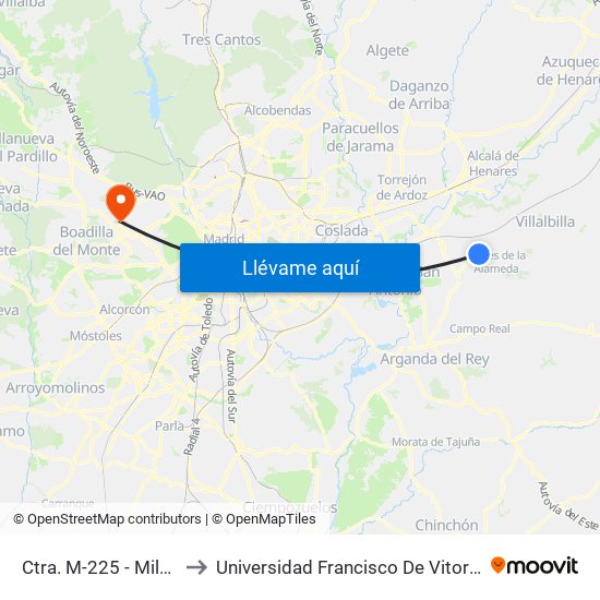 Ctra. M-225 - Milán to Universidad Francisco De Vitoria map