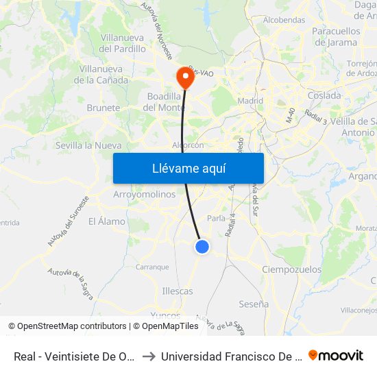Real - Veintisiete De Octubre to Universidad Francisco De Vitoria map