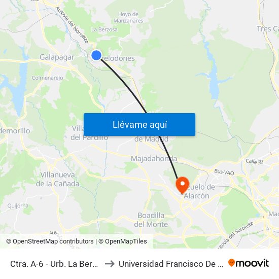 Ctra. A-6 - Urb. La Berzosilla to Universidad Francisco De Vitoria map