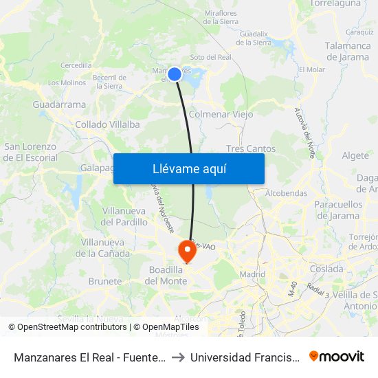 Manzanares El Real - Fuente De Las Ermitas to Universidad Francisco De Vitoria map