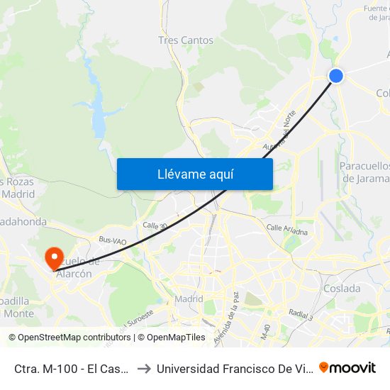 Ctra. M-100 - El Casetón to Universidad Francisco De Vitoria map