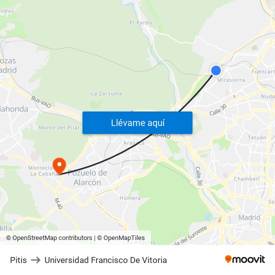 Pitis to Universidad Francisco De Vitoria map