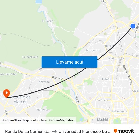 Ronda De La Comunicación to Universidad Francisco De Vitoria map