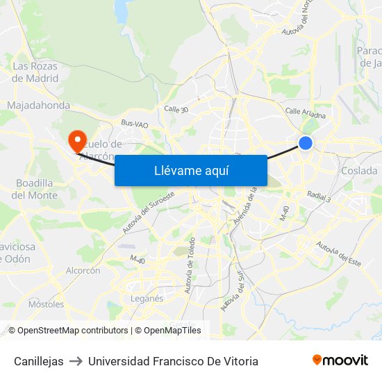 Canillejas to Universidad Francisco De Vitoria map