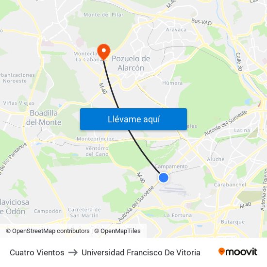 Cuatro Vientos to Universidad Francisco De Vitoria map