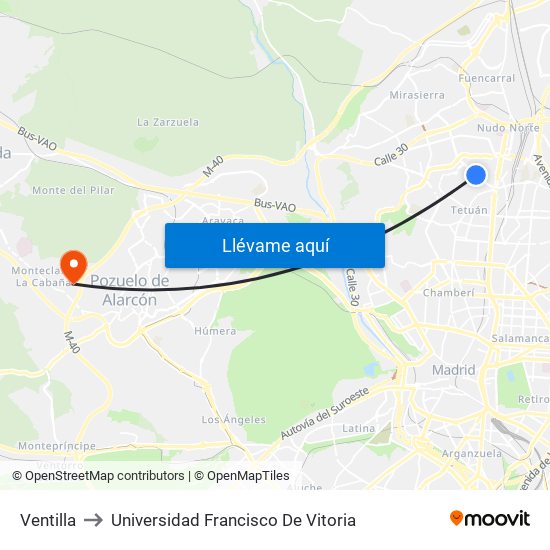 Ventilla to Universidad Francisco De Vitoria map