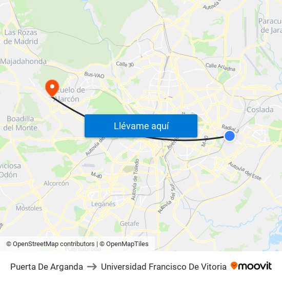 Puerta De Arganda to Universidad Francisco De Vitoria map