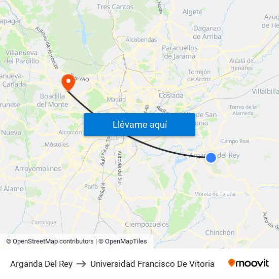 Arganda Del Rey to Universidad Francisco De Vitoria map