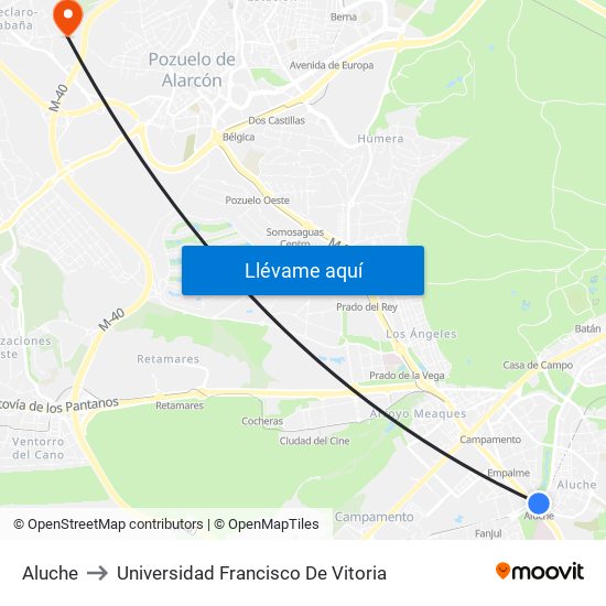 Aluche to Universidad Francisco De Vitoria map