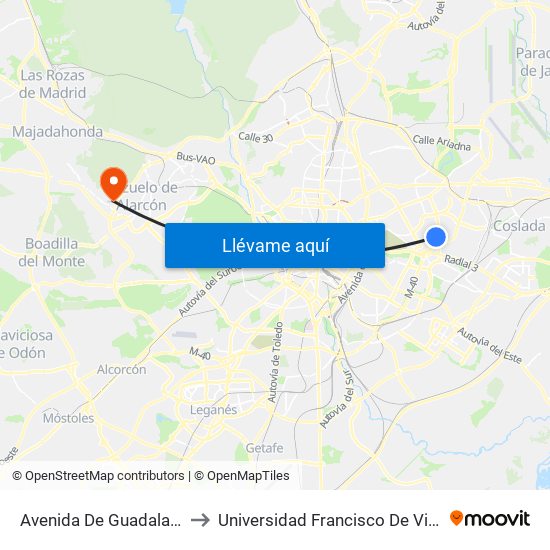 Avenida De Guadalajara to Universidad Francisco De Vitoria map