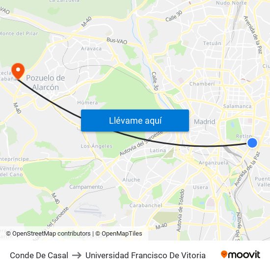 Conde De Casal to Universidad Francisco De Vitoria map