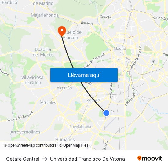 Getafe Central to Universidad Francisco De Vitoria map