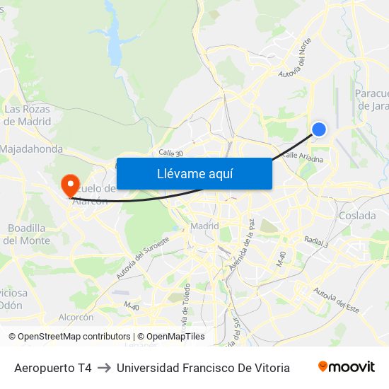 Aeropuerto T4 to Universidad Francisco De Vitoria map