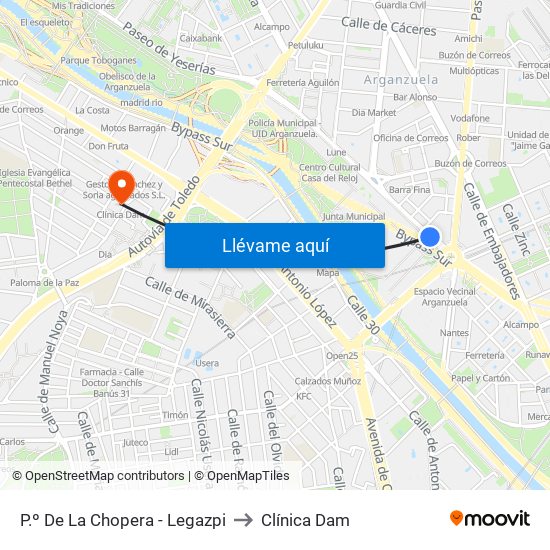 P.º De La Chopera - Legazpi to Clínica Dam map
