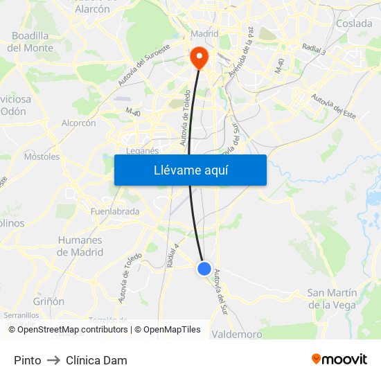 Pinto to Clínica Dam map