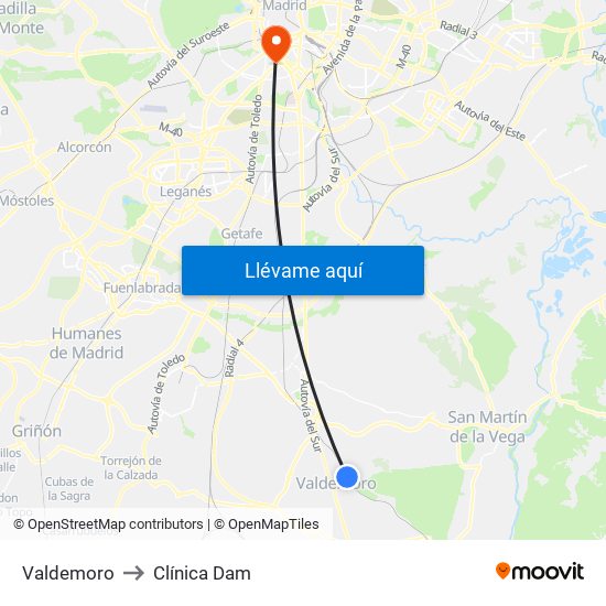 Valdemoro to Clínica Dam map