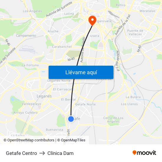 Getafe Centro to Clínica Dam map