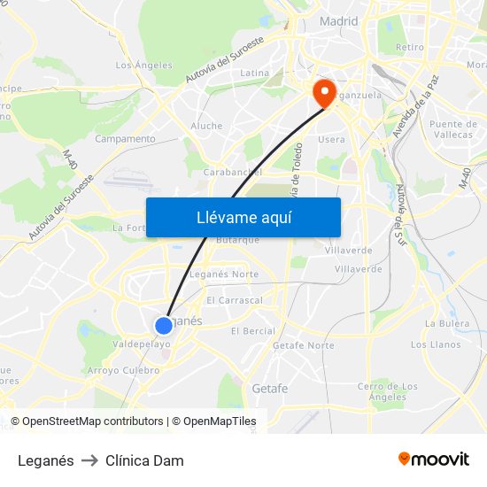 Leganés to Clínica Dam map