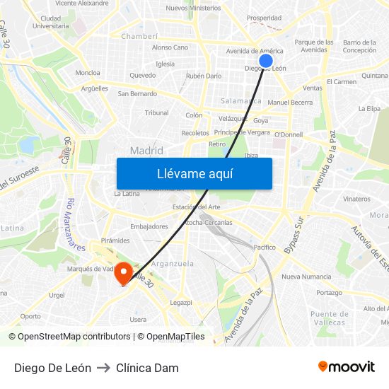 Diego De León to Clínica Dam map