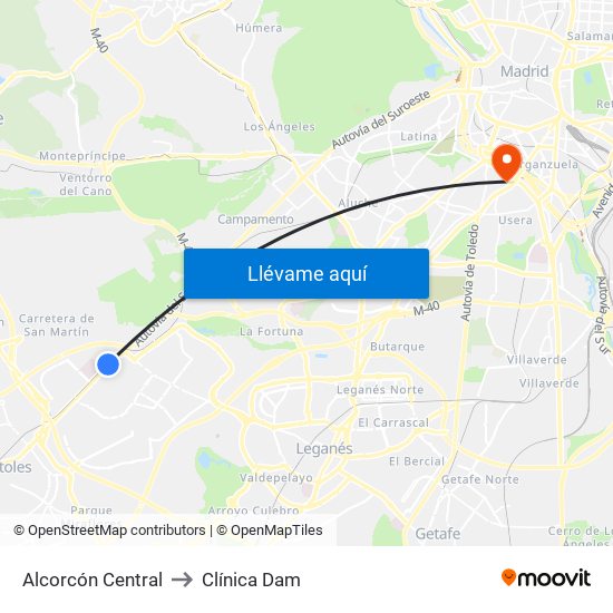 Alcorcón Central to Clínica Dam map