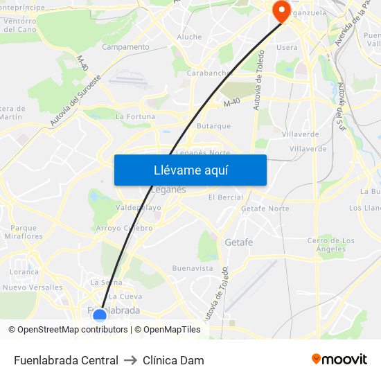 Fuenlabrada Central to Clínica Dam map