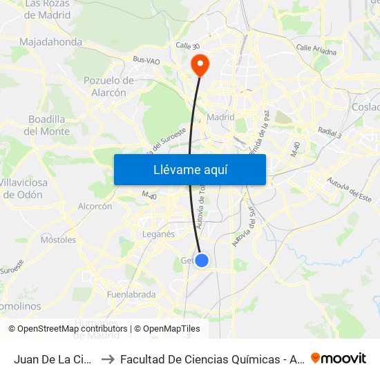 Juan De La Cierva to Facultad De Ciencias Químicas - Aulario map