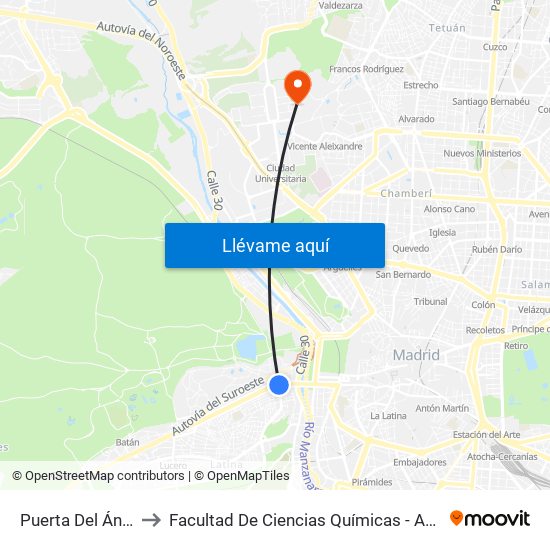 Puerta Del Ángel to Facultad De Ciencias Químicas - Aulario map