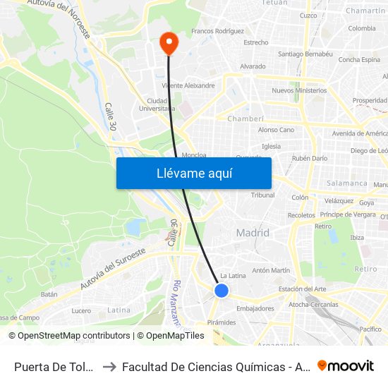 Puerta De Toledo to Facultad De Ciencias Químicas - Aulario map