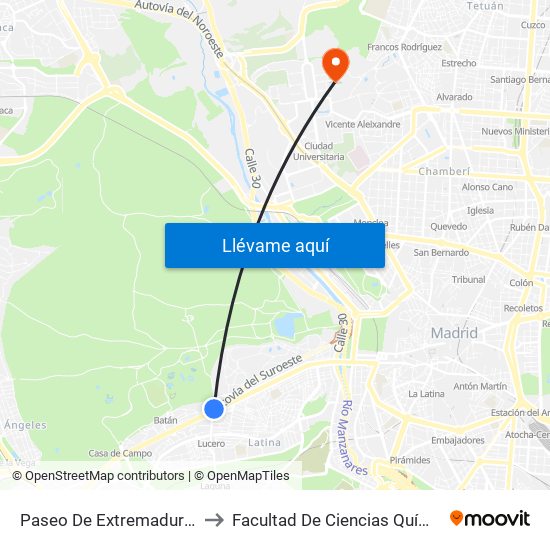 Paseo De Extremadura - El Greco to Facultad De Ciencias Químicas - Aulario map