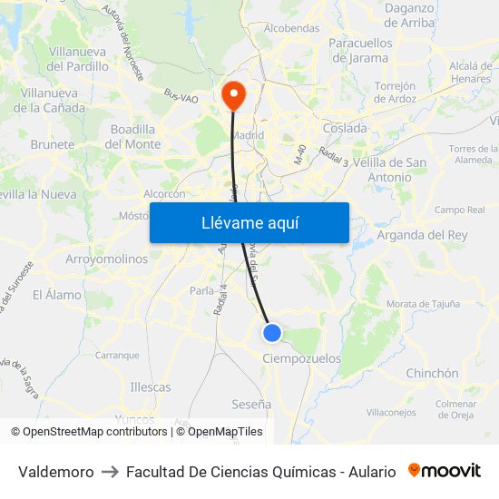 Valdemoro to Facultad De Ciencias Químicas - Aulario map