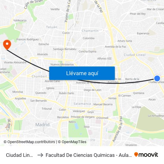 Ciudad Lineal to Facultad De Ciencias Químicas - Aulario map