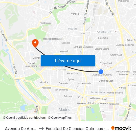 Avenida De América to Facultad De Ciencias Químicas - Aulario map
